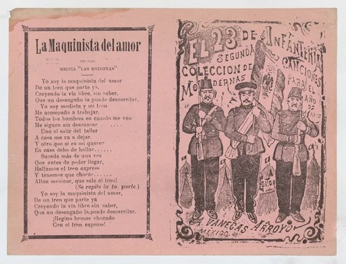 Cover for 'El 23 de Infanteria', three infantry soldiers standing in a line holding rifles and a flag by José Guadalupe Posada, print, 1907-1917