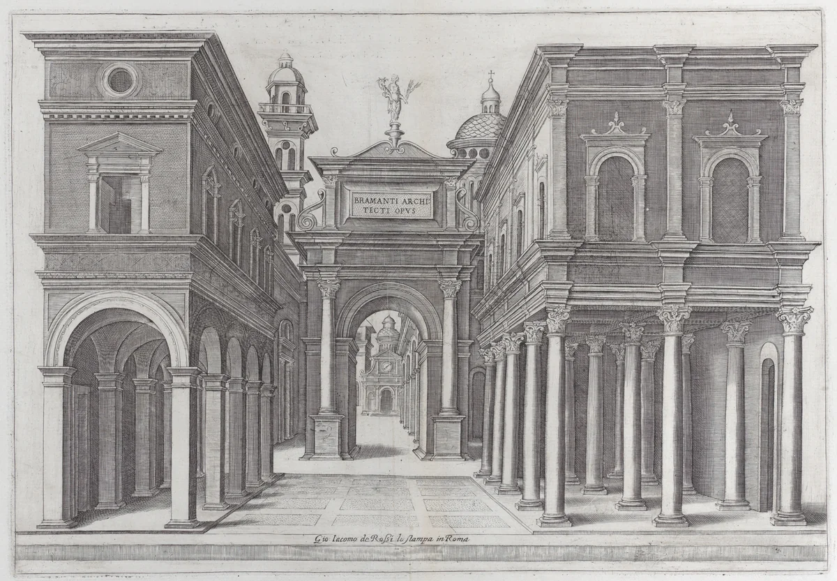 A street with buildings, colonnades and an arch by Donato d'Agnolo Bramante, print, 1475-1510