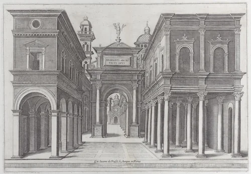 A street with buildings, colonnades and an arch by Donato d'Agnolo Bramante, print, 1475-1510