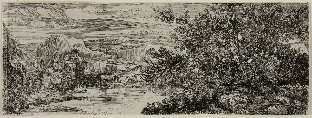 The Holy Family beside a Pool by Rodolphe Bresdin, print, 1865