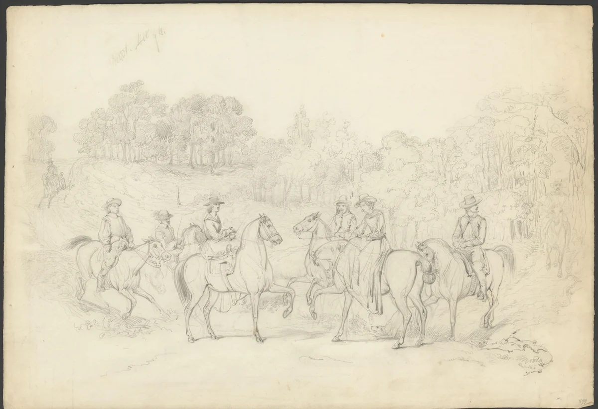 Gezelschap te paard in het bos by Karel Frederik Bombled, drawing, 1864-1902