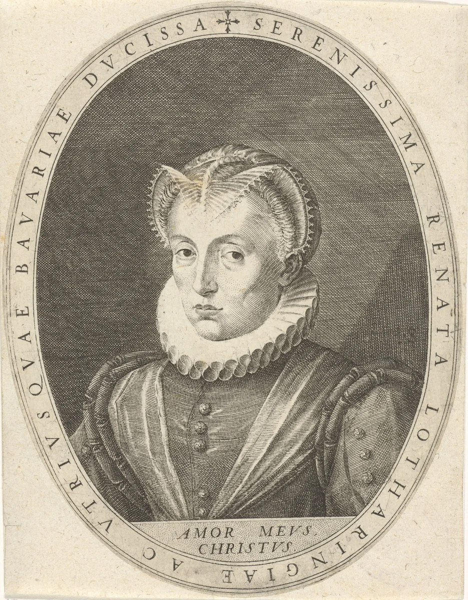 Portret van Renata van Lotharingen, hertogin van Beieren met devies by Unknown, print, 1588-1595