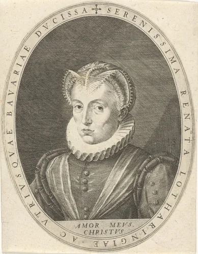 Portret van Renata van Lotharingen, hertogin van Beieren met devies by Unknown, print, 1588-1595