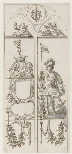 Ontwerp voor een glasraam met een soldaat met een vaandel by Pieter Jansz, drawing, 1630-1672