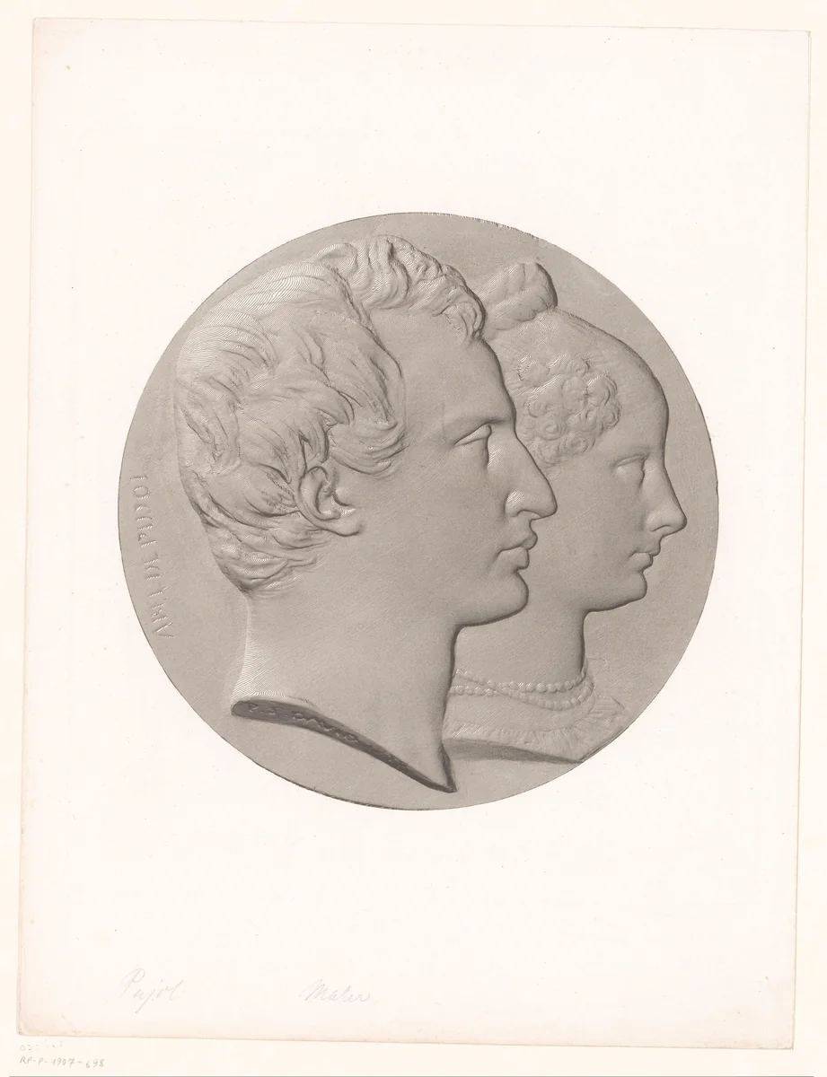 Medaille met portret van Abel de Pujol en een vrouw by anonymous, print, 1804-1859