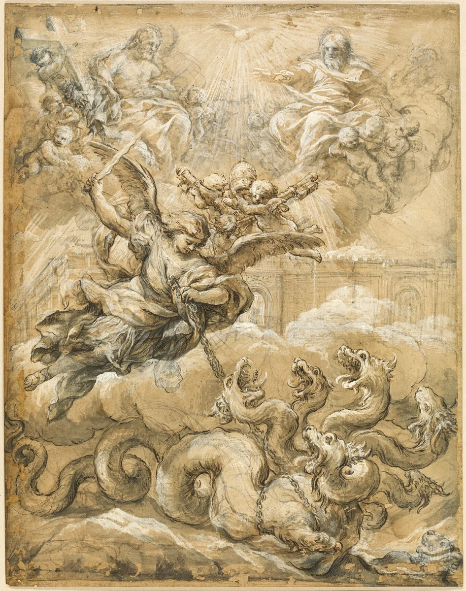 The Holy Trinity with Saint Michael Conquering the Dragon by Pietro da Cortona, drawing, 1656-1669