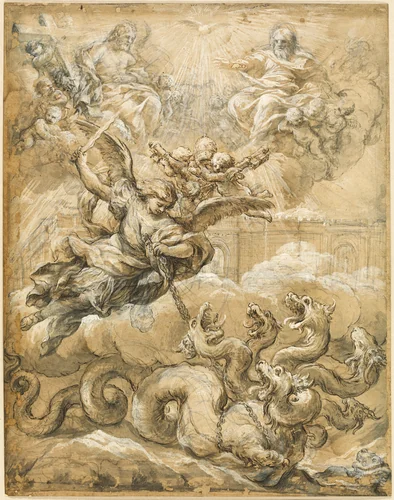 The Holy Trinity with Saint Michael Conquering the Dragon by Pietro da Cortona, drawing, 1656-1669