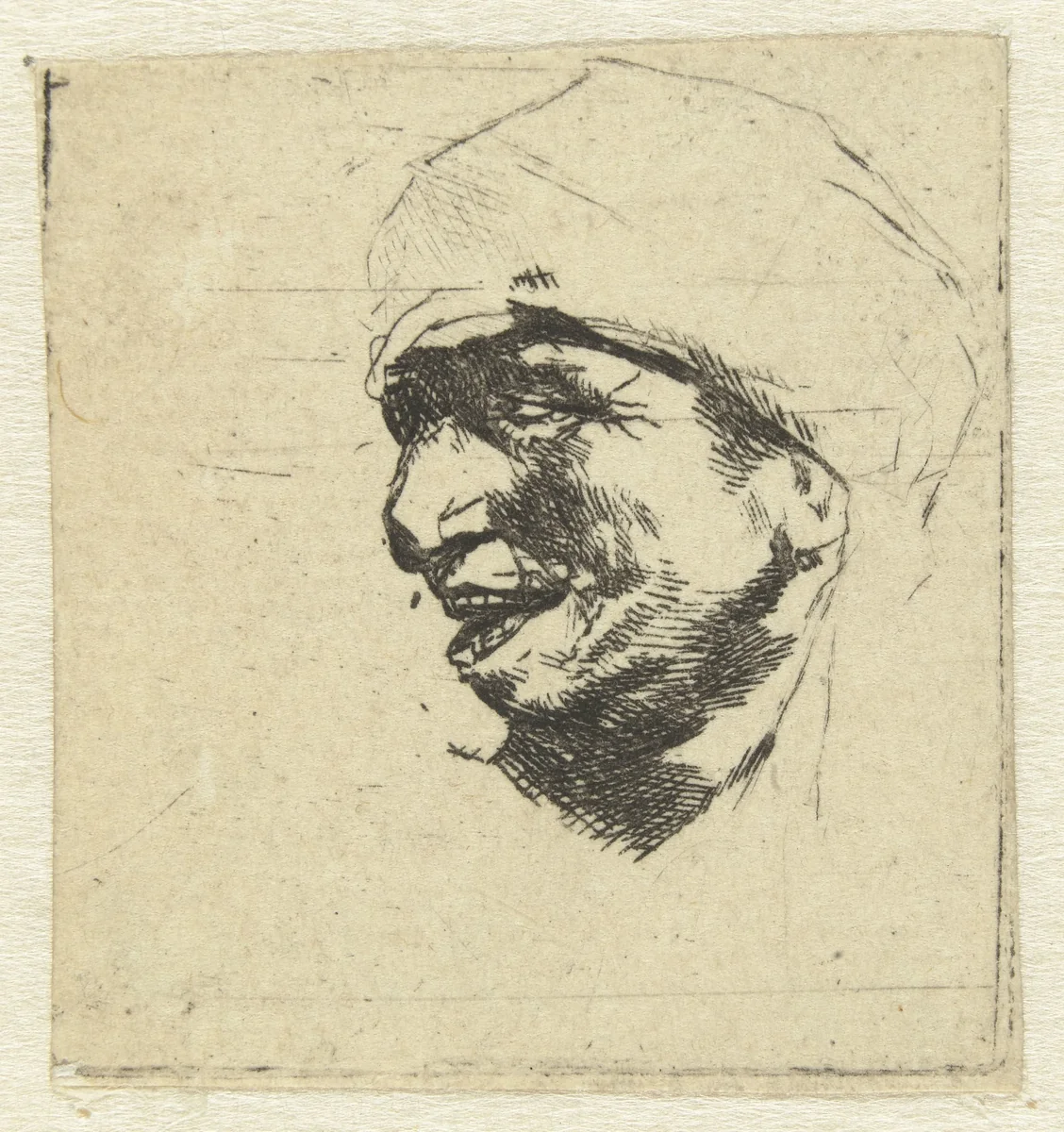 Hoofd van een lachende boer, en profil by Cornelis Pietersz. Bega, print, 1642-1664