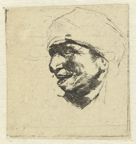 Hoofd van een lachende boer, en profil by Cornelis Pietersz. Bega, print, 1642-1664