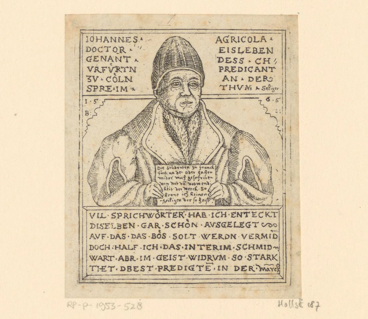 Portret van Johannes Agricola by Balthasar Jenichen, print, 1565