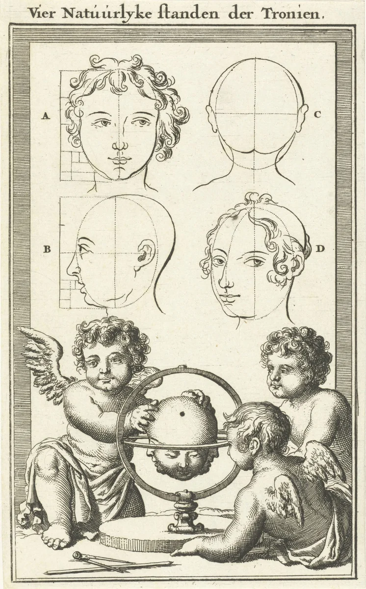 Vier hoofden, gemerkt A-D by Jan Luyken, print, 1682