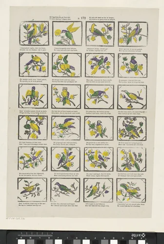 De vogeltjes die gij hier ziet / O lieve kindren! zingen niet, / Zij zijn ook mak en dra te vangen, / Gij hoeft ze in geene kooi te hangen by Glenisson & Zonen, print, 1856-1900