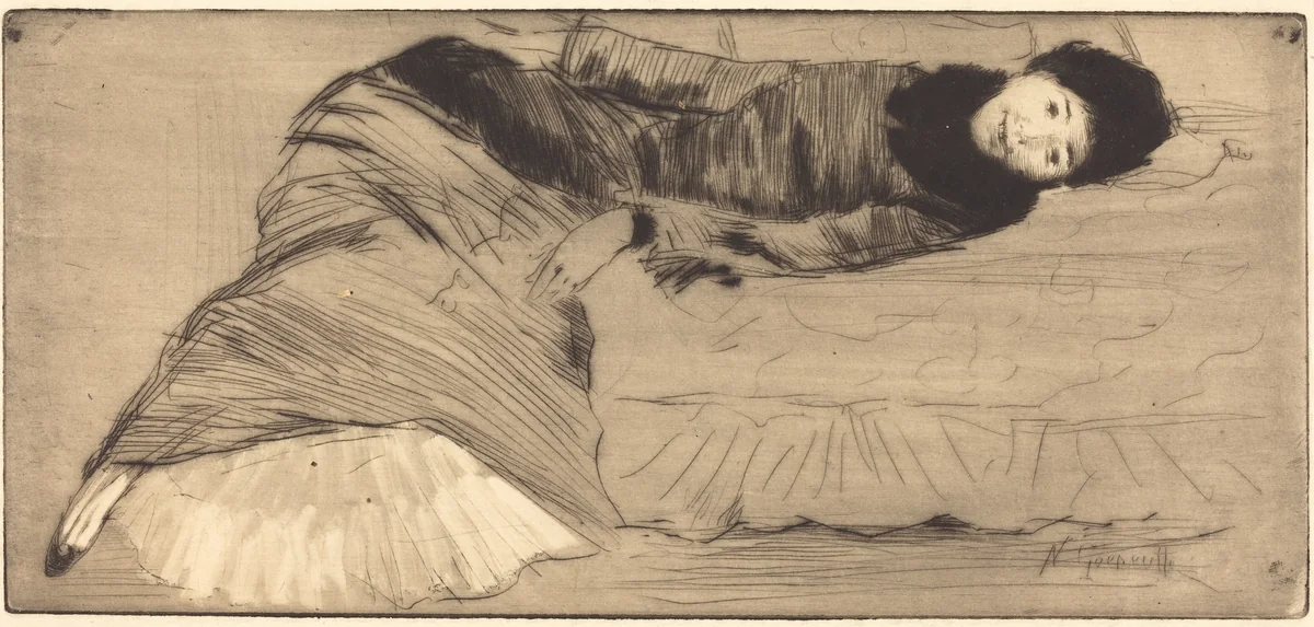 Smiling Woman Reclining on a Sofa (Femme souriant etendue sur un canape) by Norbert Goeneutte, print, 1854-1894