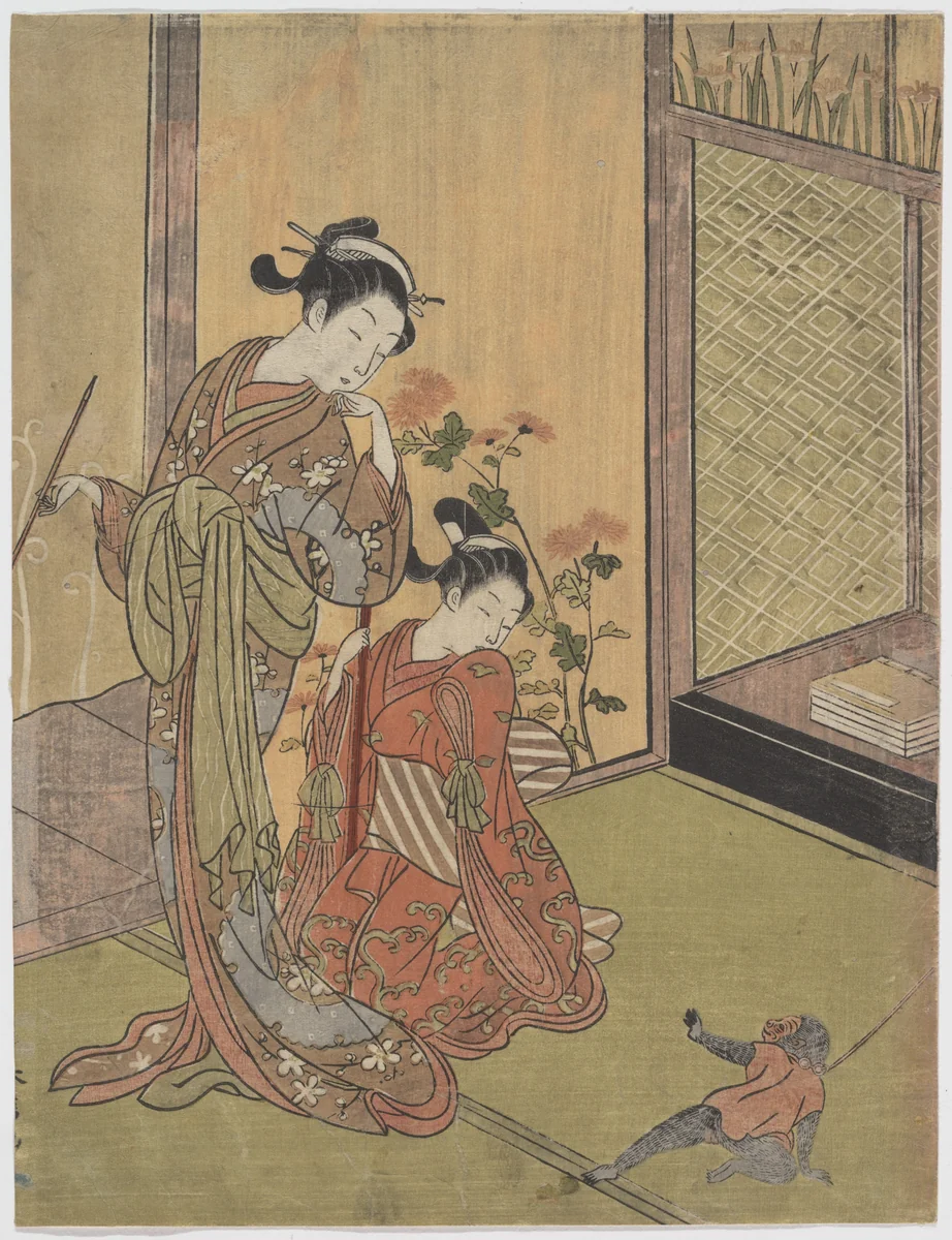 Two Girls Looking at a Monkey on a Leash by Suzuki Harunobu (鈴木春信), print, 1725-1770