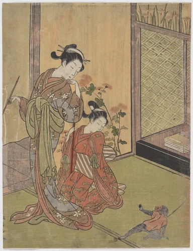 Two Girls Looking at a Monkey on a Leash by Suzuki Harunobu (鈴木春信), print, 1725-1770