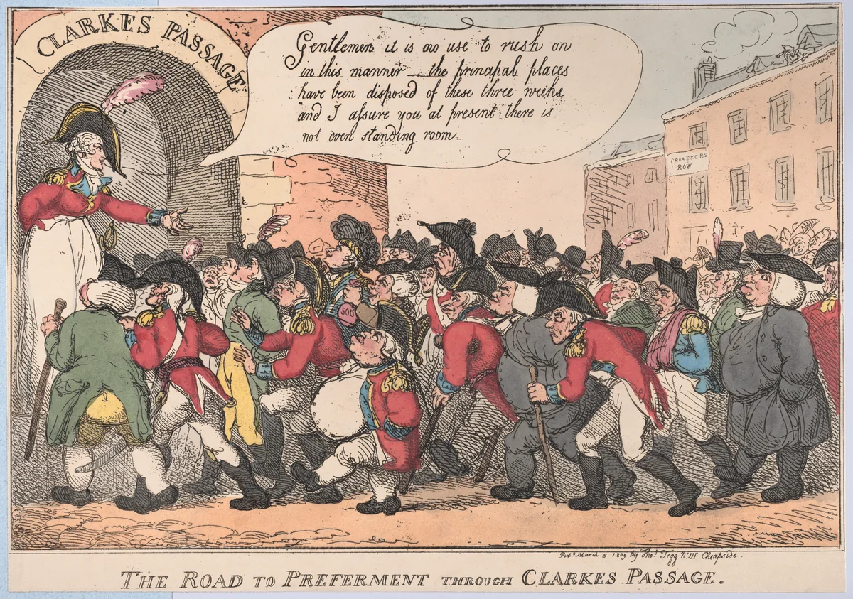 The Road to Preferment Through Clarke's Passage by Thomas Rowlandson, print, 1809