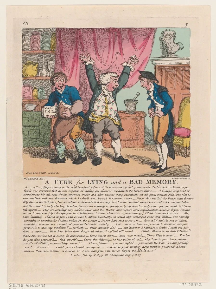 A Cure for Lying and a Bad Memory by Thomas Rowlandson, print, 1807