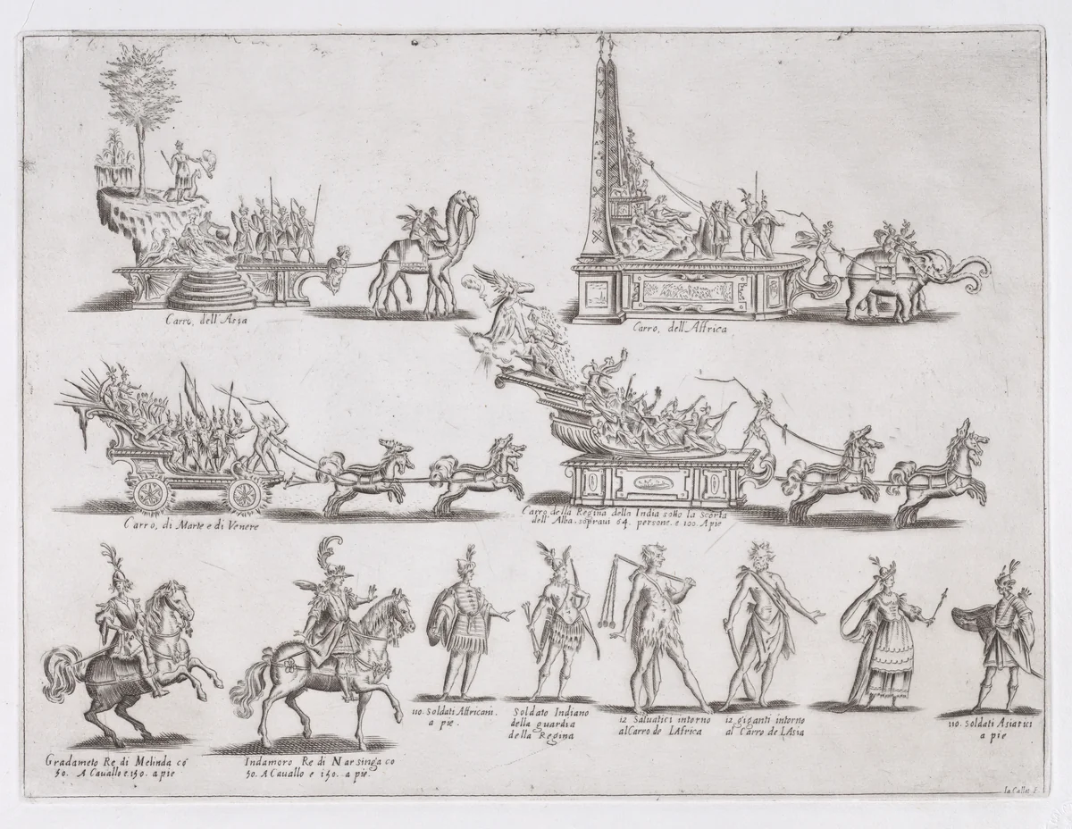 Reprint of Le Chars et Les Personnages (The Chariots and The Characters), from La Guerre d'Amour (Guerra d'Amore) (War of Love) by Jacques Callot, print, 1740-1900