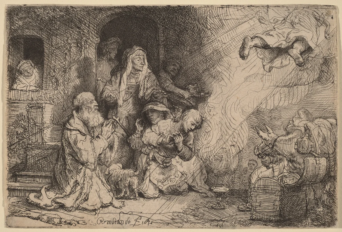 The Angel Departing from the Family of Tobias by Rembrandt van Rijn, print, 1641