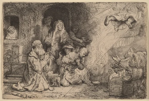 The Angel Departing from the Family of Tobias by Rembrandt van Rijn, print, 1641