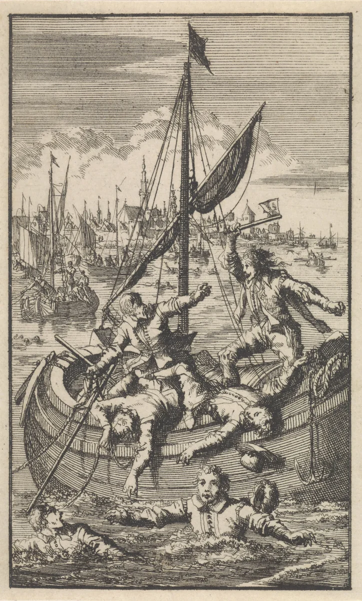Pietro Ciacconne verovert een boot van de Leidenaren, 1574 by Jan Luyken, print, 1699