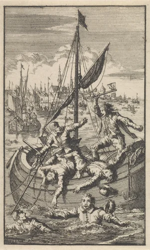 Pietro Ciacconne verovert een boot van de Leidenaren, 1574 by Jan Luyken, print, 1699