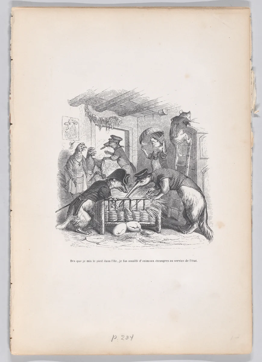 As soon as I set foot on the island..., from "Scenes from the Private and Public Life of Animals" by J. J. Grandville, print, 1832-1852