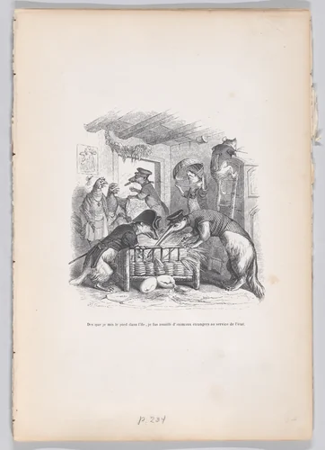 As soon as I set foot on the island..., from "Scenes from the Private and Public Life of Animals" by J. J. Grandville, print, 1832-1852