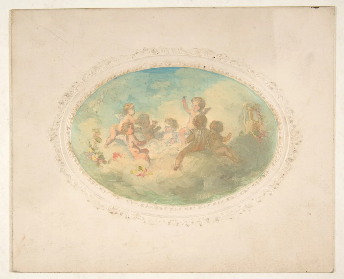 Winged putti at a banquet by Jules-Edmond-Charles Lachaise, drawing, 1850-1900