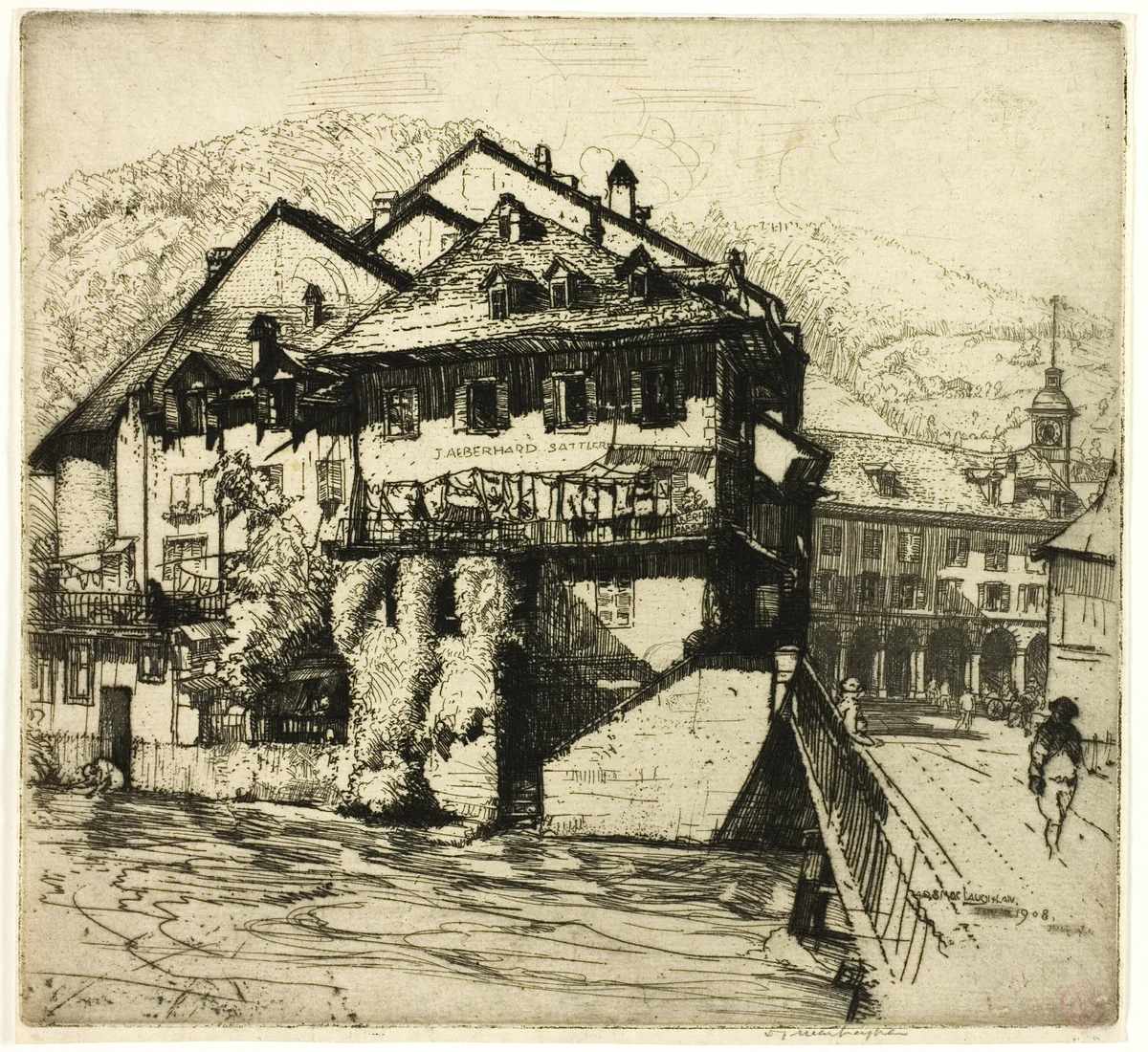 Houses on the Aare, Switzerland by Donald Shaw MacLaughlan, print, 1908