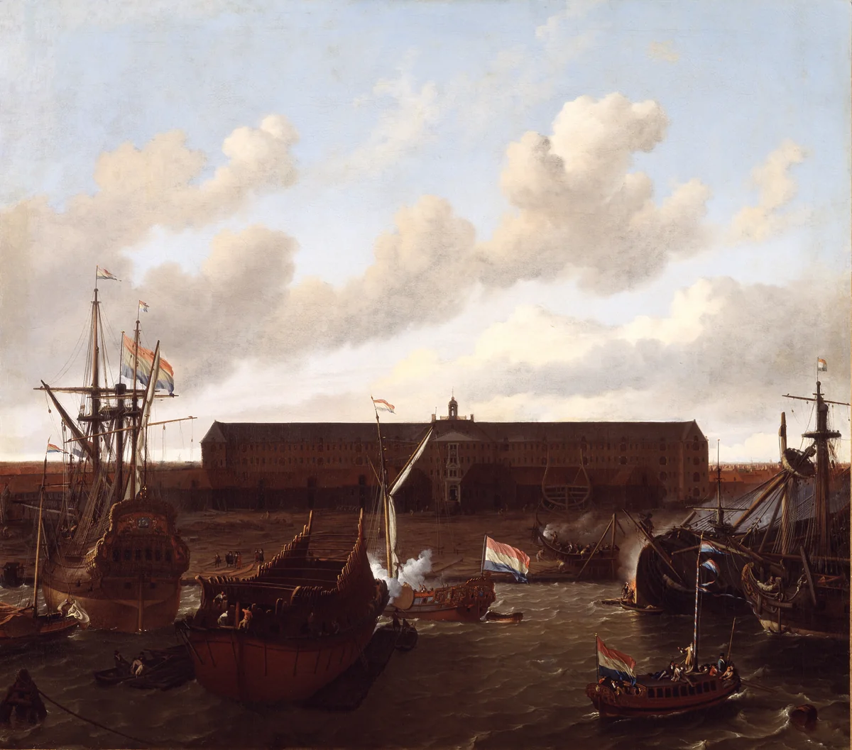 The Shipyard of the Dutch East India Company at Amsterdam by Ludolf Bakhuysen, painting, 1696
