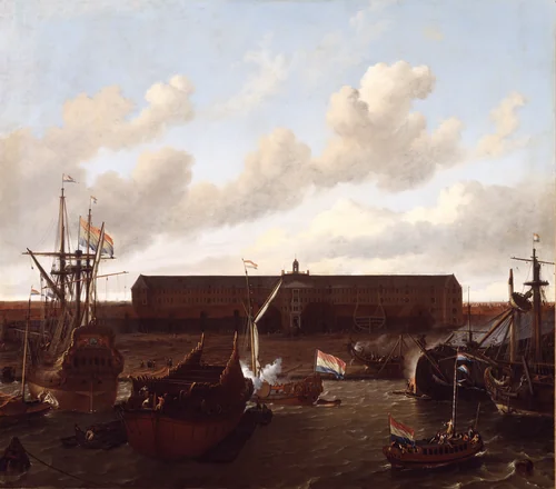 The Shipyard of the Dutch East India Company at Amsterdam by Ludolf Bakhuysen, painting, 1696