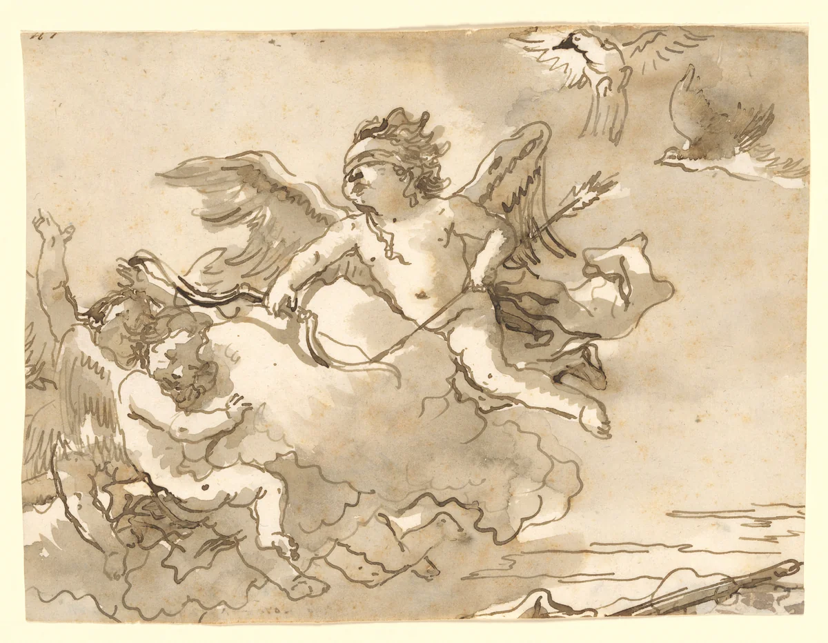 Cupid Blindfolded, on a Cloud Supported by Two Attendant Putti by Giovanni Domenico Tiepolo, drawing, 1767-1793