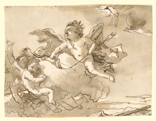 Cupid Blindfolded, on a Cloud Supported by Two Attendant Putti by Giovanni Domenico Tiepolo, drawing, 1767-1793