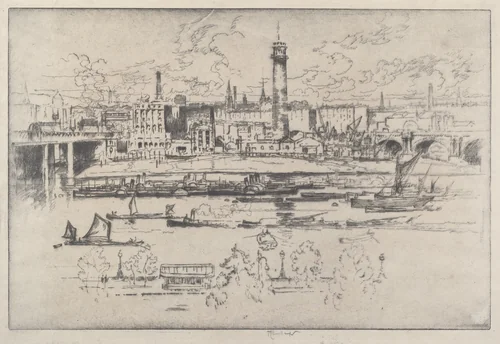 Shot Tower between the Bridges by Joseph Pennell, print, 1910