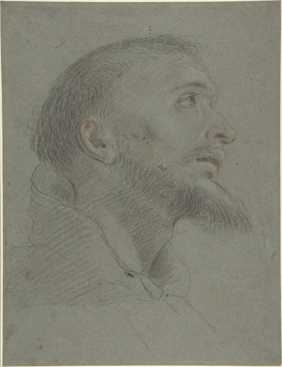 Bust-Length Study for the Head of Saint Francis in Near Profile Facing Right by anonymous, drawing, 1600-1699