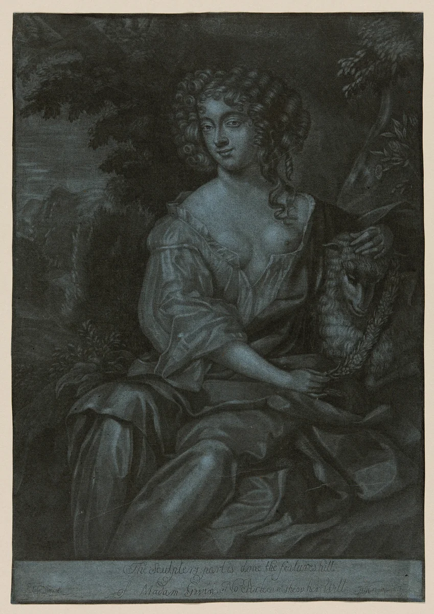Portrait of Nell Gwyn as a Shedherdess Garlanding a Lamb by Herman Hendrik Quiter, print, 1673-1683