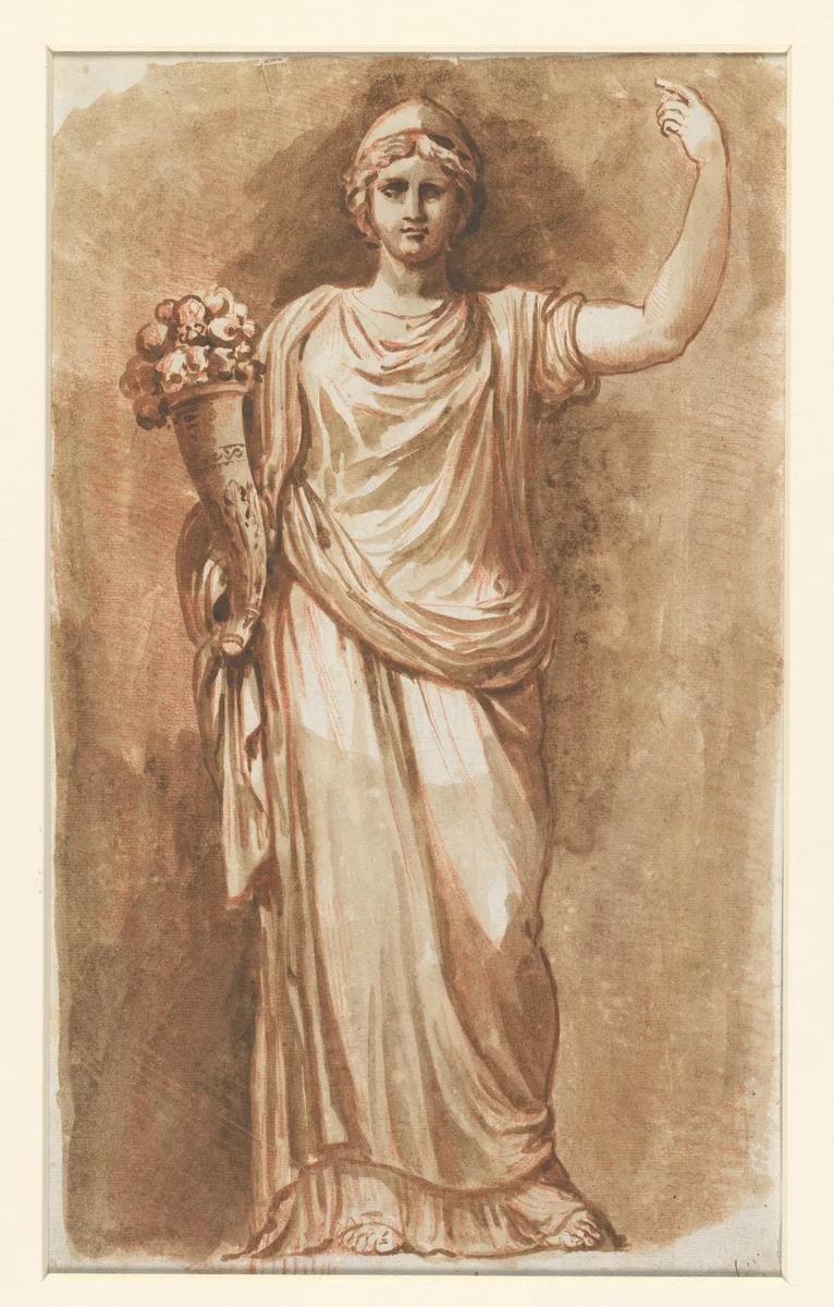 Standbeeld van een Abundantia met een hoorn des overvloeds by Etienne de Lavallée-Poussin, drawing, 1750-1793