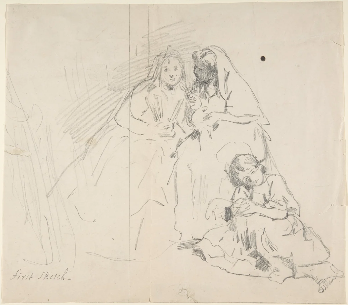 Sketch of Two Seated Women with Young Girl Sitting at Their Feet; Verso: Sketch of a Woman by Charles Baugniet, drawing, 1830-1886