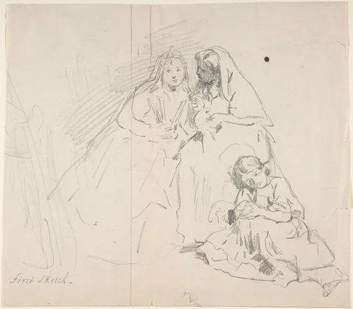 Sketch of Two Seated Women with Young Girl Sitting at Their Feet; Verso: Sketch of a Woman by Charles Baugniet, drawing, 1830-1886