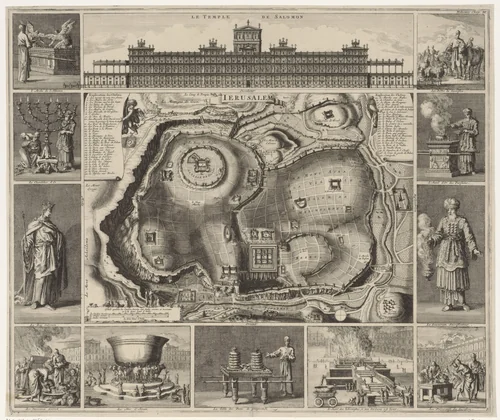 Plattegrond van Jeruzalem met rondom twaalf afbeeldingen by Jan Luyken, print, 1707