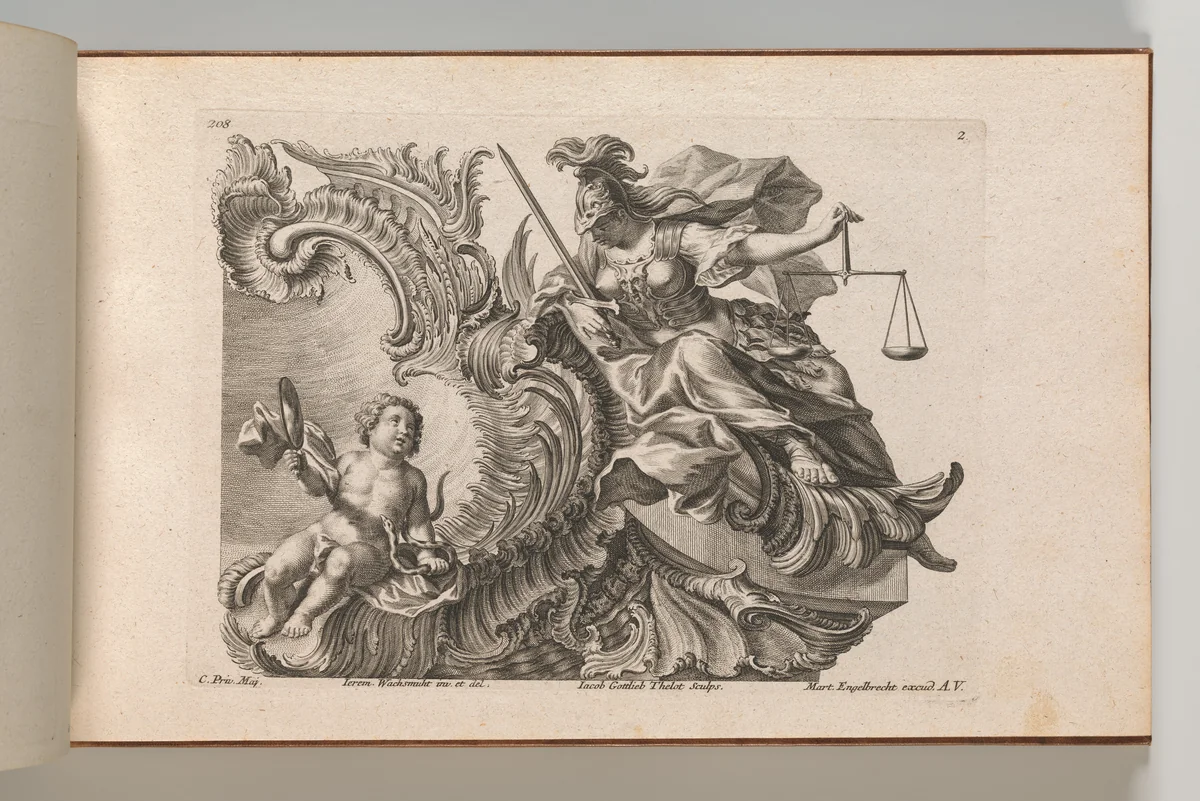 Design for a Rocaille Cartouche with the Figure of Justitia, Plate 2 from an untitled series with architectural cartouches and allegorical figures by Jacob Gottlieb Thelot, book, 1745-1755