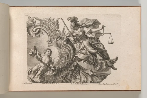 Design for a Rocaille Cartouche with the Figure of Justitia, Plate 2 from an untitled series with architectural cartouches and allegorical figures by Jacob Gottlieb Thelot, book, 1745-1755