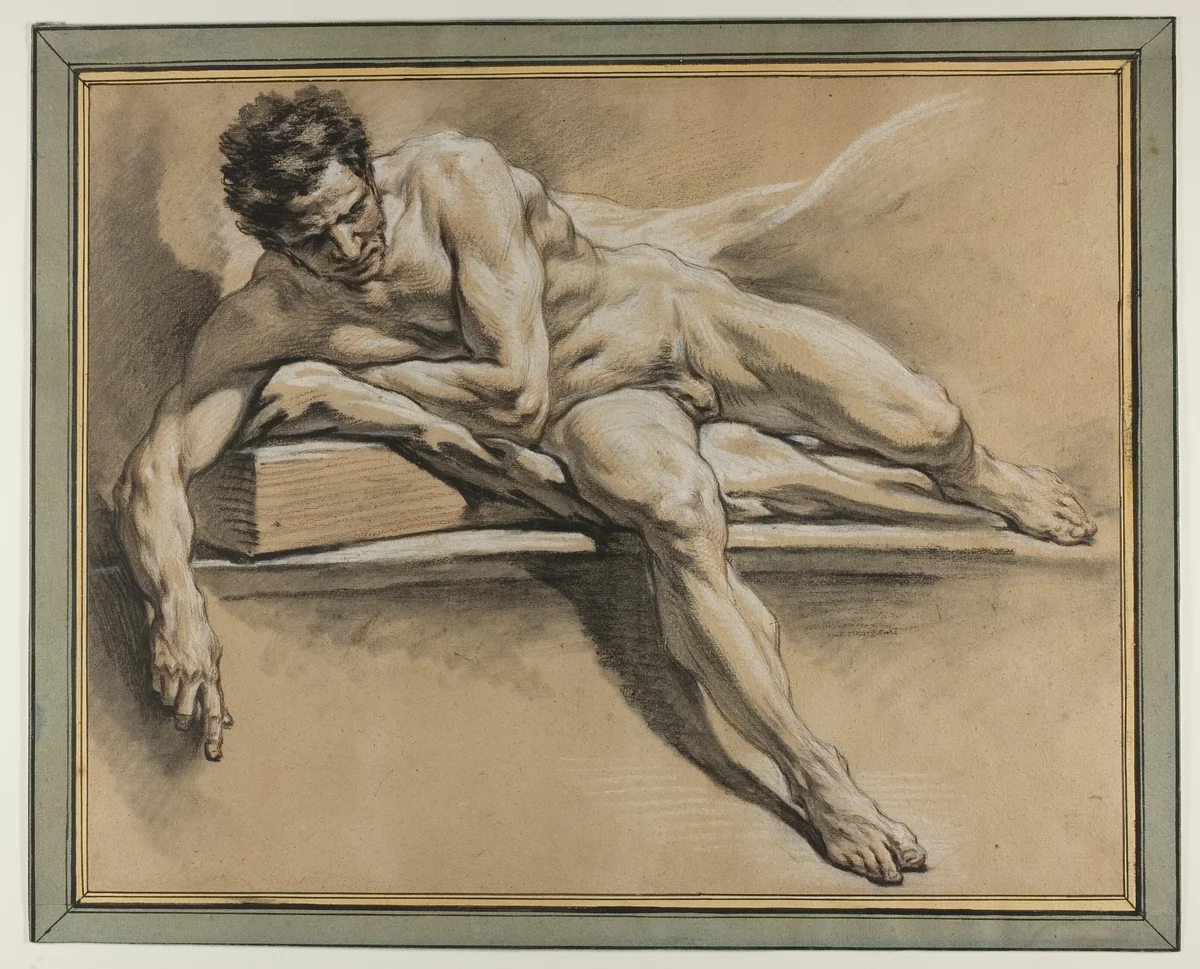 Academic Study of a Reclining Male Nude by François Boucher, drawing, 1745-1755