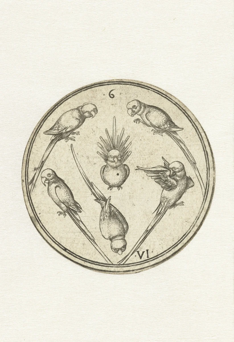 Speelkaart met zes papegaaien by PW van Keulen, print, 1470-1500