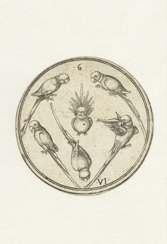 Speelkaart met zes papegaaien by PW van Keulen, print, 1470-1500