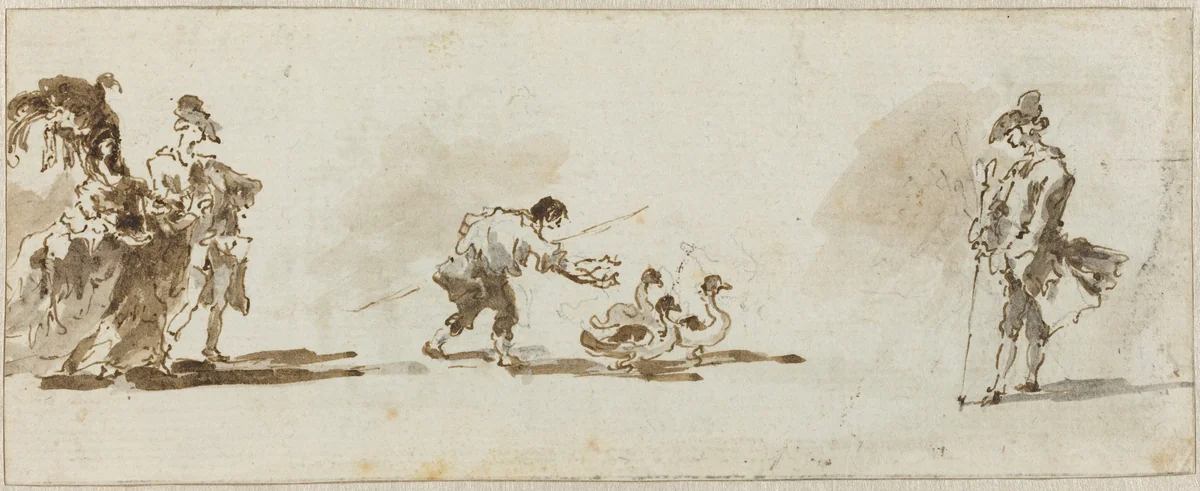 An Elegant Couple, a Gooseboy, and a Gentleman [recto] by Francesco Guardi, drawing, 1780