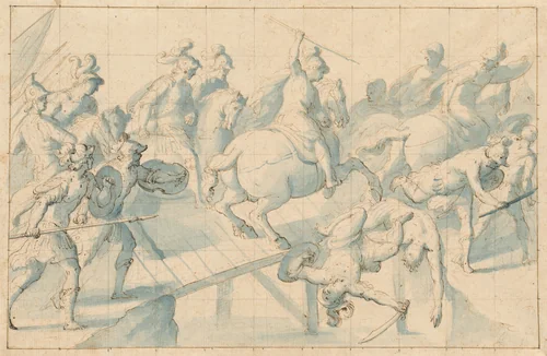 A Battle on a Bridge by Giovanni Balducci, drawing, 1595-1605