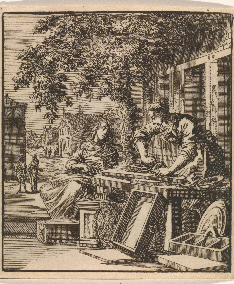 Voor de gevel van een huis schuurt een man hout by Jan Luyken, print, 1711