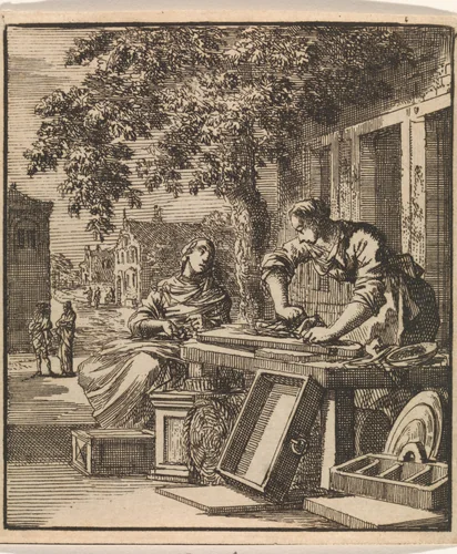 Voor de gevel van een huis schuurt een man hout by Jan Luyken, print, 1711